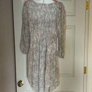 Free People Cream Floral Long Sleeve Pleated Midi Dress